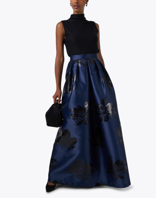 Navy Metallic Floral Skirt