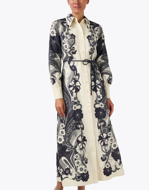 Mickey Ivory and Navy Floral Print Linen Shirt Dress