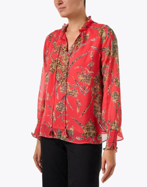 Red and Gold Floral Print Top