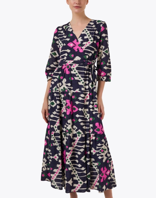 Veronica Navy Multi Ikat Print Wrap Dress