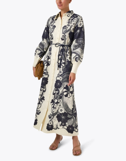 Mickey Ivory and Navy Floral Print Linen Shirt Dress