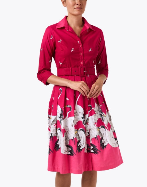 Audrey Pink Crane Print Cotton Stretch Dress