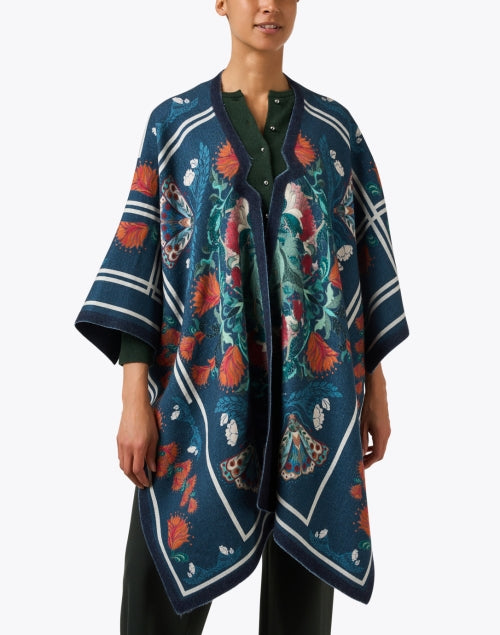 Blue and Green Multi Floral Print Wool Poncho