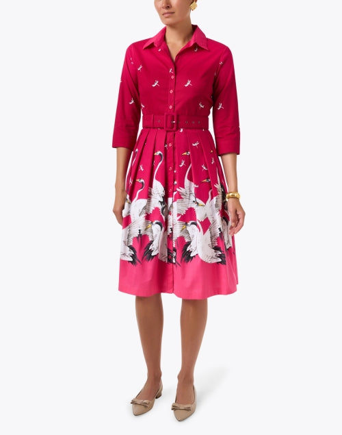 Audrey Pink Crane Print Cotton Stretch Dress
