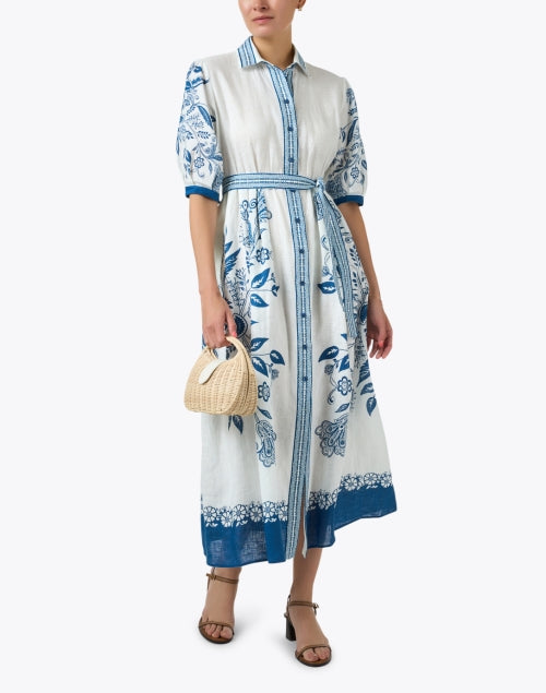 Blue Floral Print Linen Dress