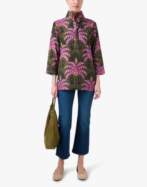 Cricket Green and Pink Print Cotton Top