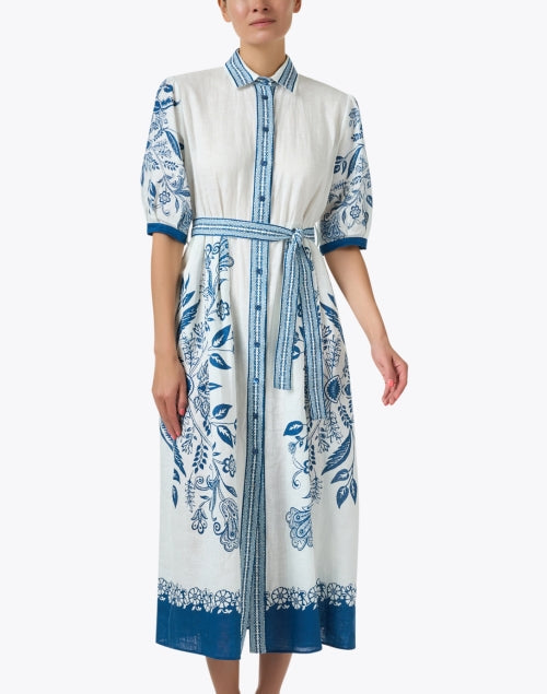 Blue Floral Print Linen Dress