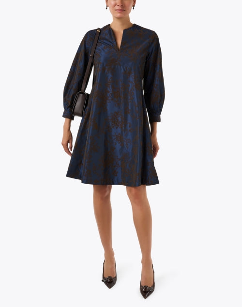 Dark Blue Flocked Floral Print Dress