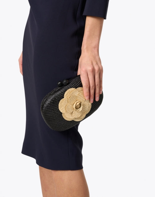 Olive Black Buntal Minaudiere with Sand Camelia