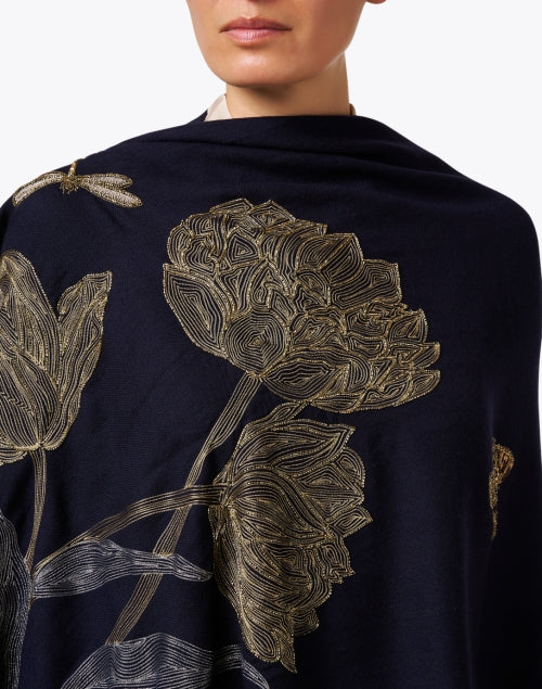 Navy Embroidered Merino Wool Scarf