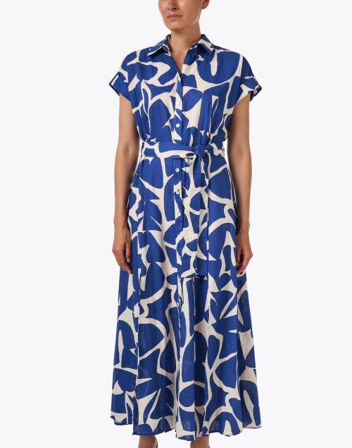 Chantal Blue and Ivory Print Cotton Linen Dress