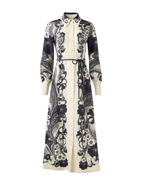Mickey Ivory and Navy Floral Print Linen Shirt Dress