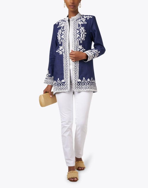 Ceci Navy Embroidered Linen Jacket