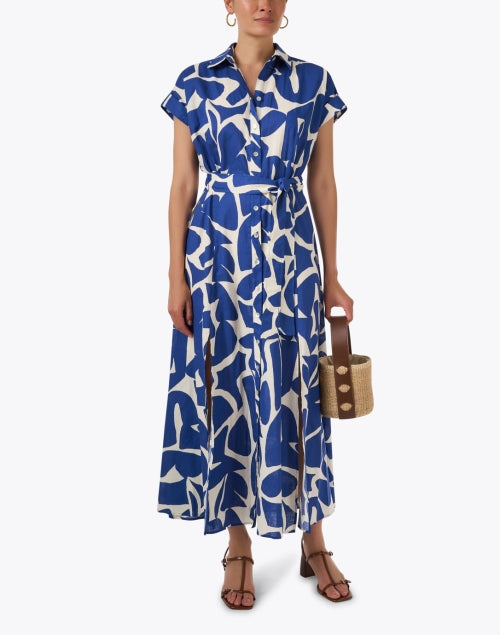 Chantal Blue and Ivory Print Cotton Linen Dress