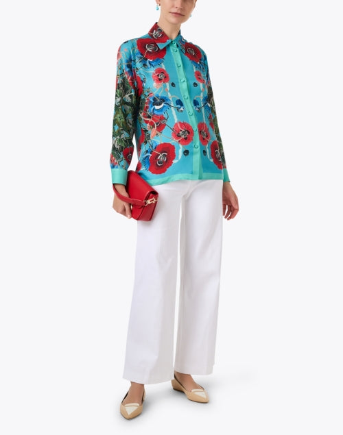 Blue and Red Print Silk Shirt