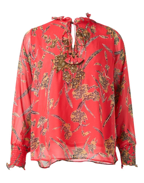 Red and Gold Floral Print Top