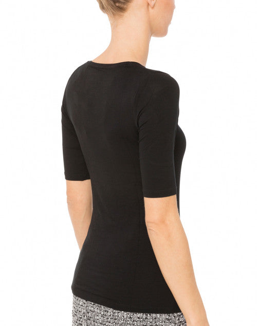 Black Scoop Neck Elbow Sleeve Stretch Viscose Top