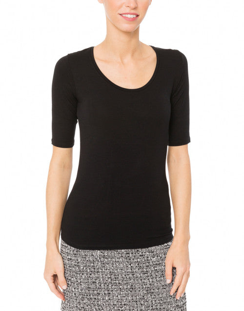 Black Scoop Neck Elbow Sleeve Stretch Viscose Top